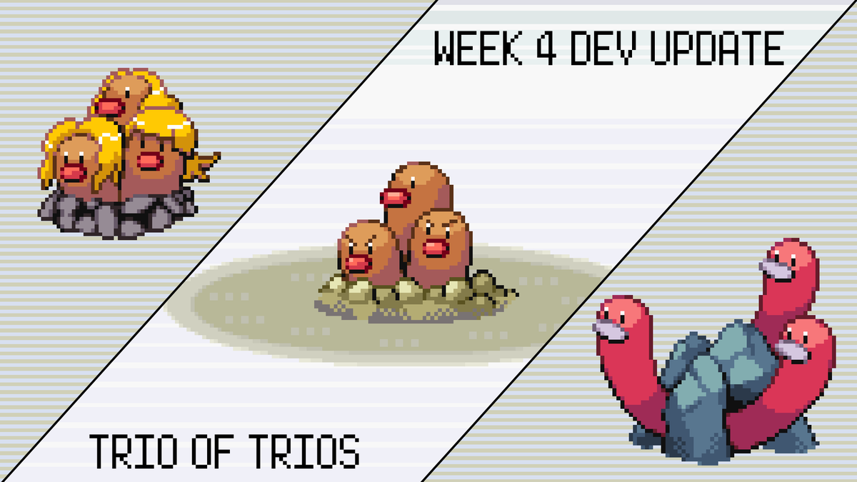 PkmnWorldSummit's tweet image. 🧵 Dev Update: December 29th 2022 🧵

Hey all! This has been a comparatively slow week for development considering the holiday season, so today we are going to focus on our changes to the Trio of Trio’s; Dugtrio, Alolan Dugtrio and Wugtrio. 

#Pokemon #Fangame #Rpgmaker #Dugtrio