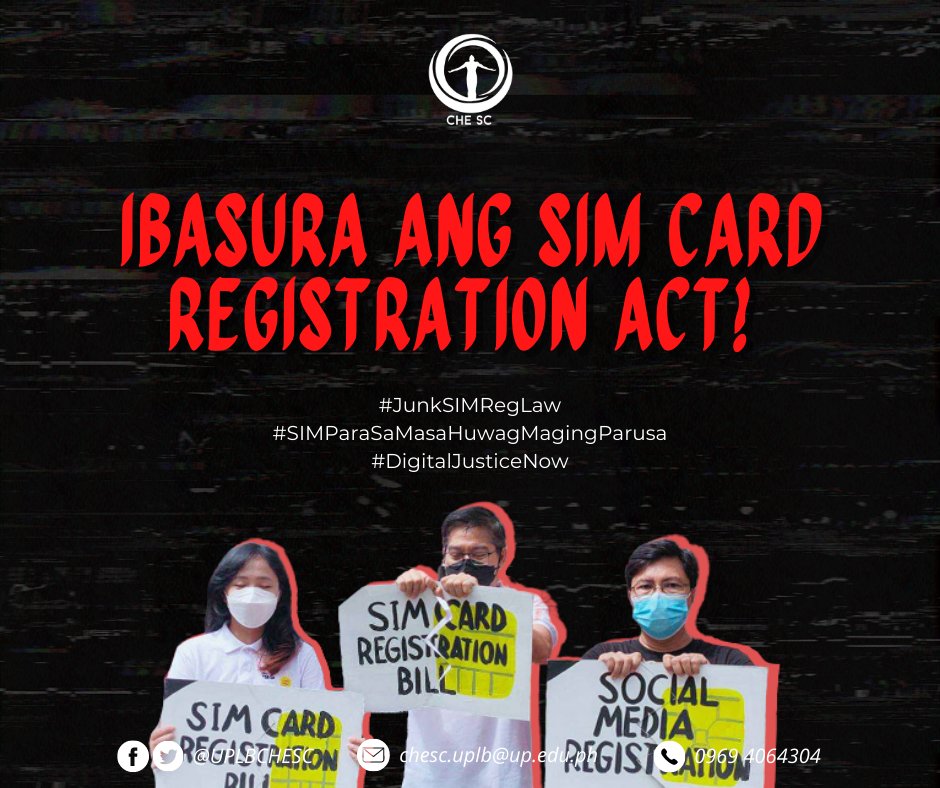 UPLBCHESC's tweet photo. Nakikiisa ang Konseho ng mga Mag-aaral ng Kolehiyo ng Ekolohiyang Pantao sa pagbabasura ng SIM Card Registration Act.
Basahin: https://t.co/gzVXX226zD
#JunkSIMRegLaw
#SIMParaSaMasaHuwagMagingParusa
#DigitalJusticeNow https://t.co/YeNzwGCl0R