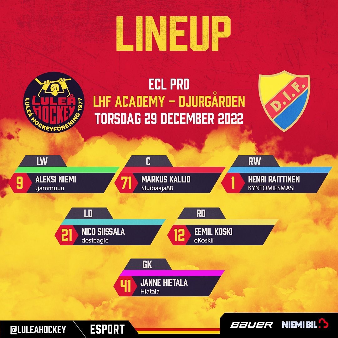 Gameday! 🎮🥅🏒❤️💛🖤

Dubbla matcher för Akademi-laget! 👊

🆚 GiFu Hockey
🕘21:00
twitch.tv/luleahockeyaca…

🆚 Djurgården Hockey
🕘22:00
📺 twitch.tv/luleahockeyaca…

#esports
#ecl23winter