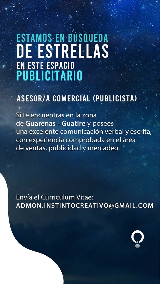 Instinto_Creatv's tweet photo. Estamos búsqueda asesor/a comercial (publicista) en @Instinto_Creatv 💡 https://t.co/UrJMQGfGNX