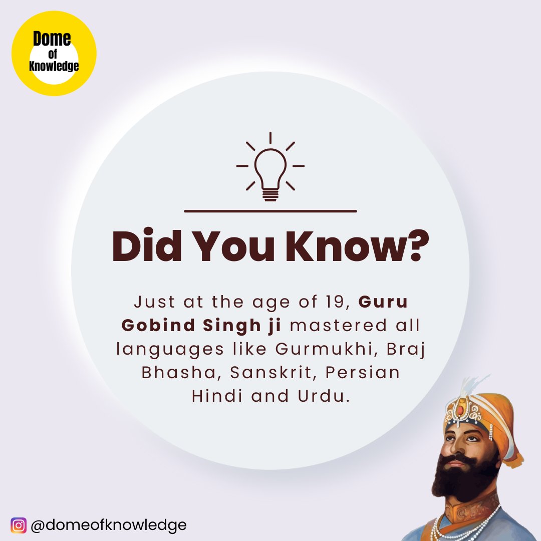 DomeKnowledge's tweet photo. Did You Know?

Amazing Facts About Guru Gobind Singh Ji. Follow for more information and amazing facts. 

#gurugobindsinghji #factsaboutgurugobindji #guru #amazingfacts #facts #factsdaily #domeofknowledge #knowledge https://t.co/a8Yc3U4s83