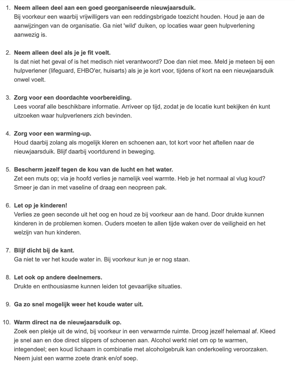 Deelnemen aan een #nieuwjaarsduik? Neem dan ook even de tijd voor je voorbereiding. De tijd rond en tijdens een plons (in zee of in binnenwater) heeft een groot effect op het lichaam. De #reddingsbrigade adviseert alle deelnemers de navolgende tips ter harte te nemen: