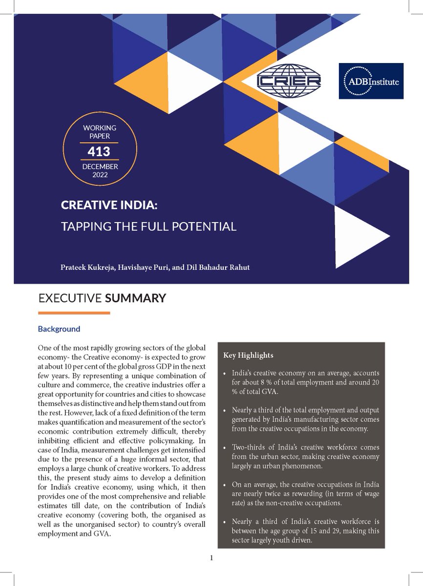 ICRIER's tweet photo. Just Released - ICRIER Working Paper #413 - Creative India: Tapping the Full Potential by Prateek Kukreja, Havishaye Puri &amp; Dil Bahadur Rahut

#economy #Employment

Full Paper- https://t.co/3KNbCrVNCr

Executive Summary-https://t.co/ywQRjMcpJd https://t.co/BZw0zQ3YP6