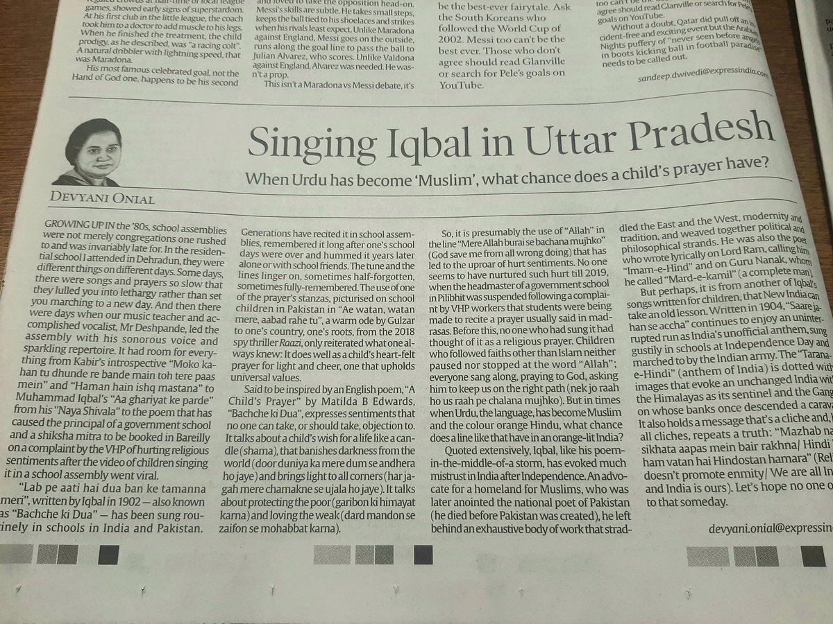 SnigdhaHasan's tweet photo. Those who hate poetry can't seem to do without it either 
From @DevyaniOnial's beautiful piece
"The Tarana-e-Hindi...holds a message that's a cliche and, like all cliches, repeats a truth: 'Mazhab nahin sikhata aapas mein bair rakhna...' Let's hope no one objects to that someday" https://t.co/XHd1hCFipv