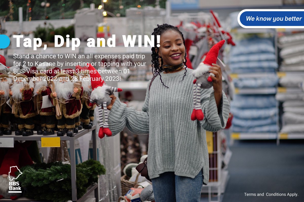 BBS_BW's tweet image. You could win an all expenses paid trip for 2 to Kasane!
All you have to do is visit any shop, use your BBS Visa card at least 3 times between 01 December 2022 and February 28 2023!
#BBSVisa #VISA #TapDipandWin