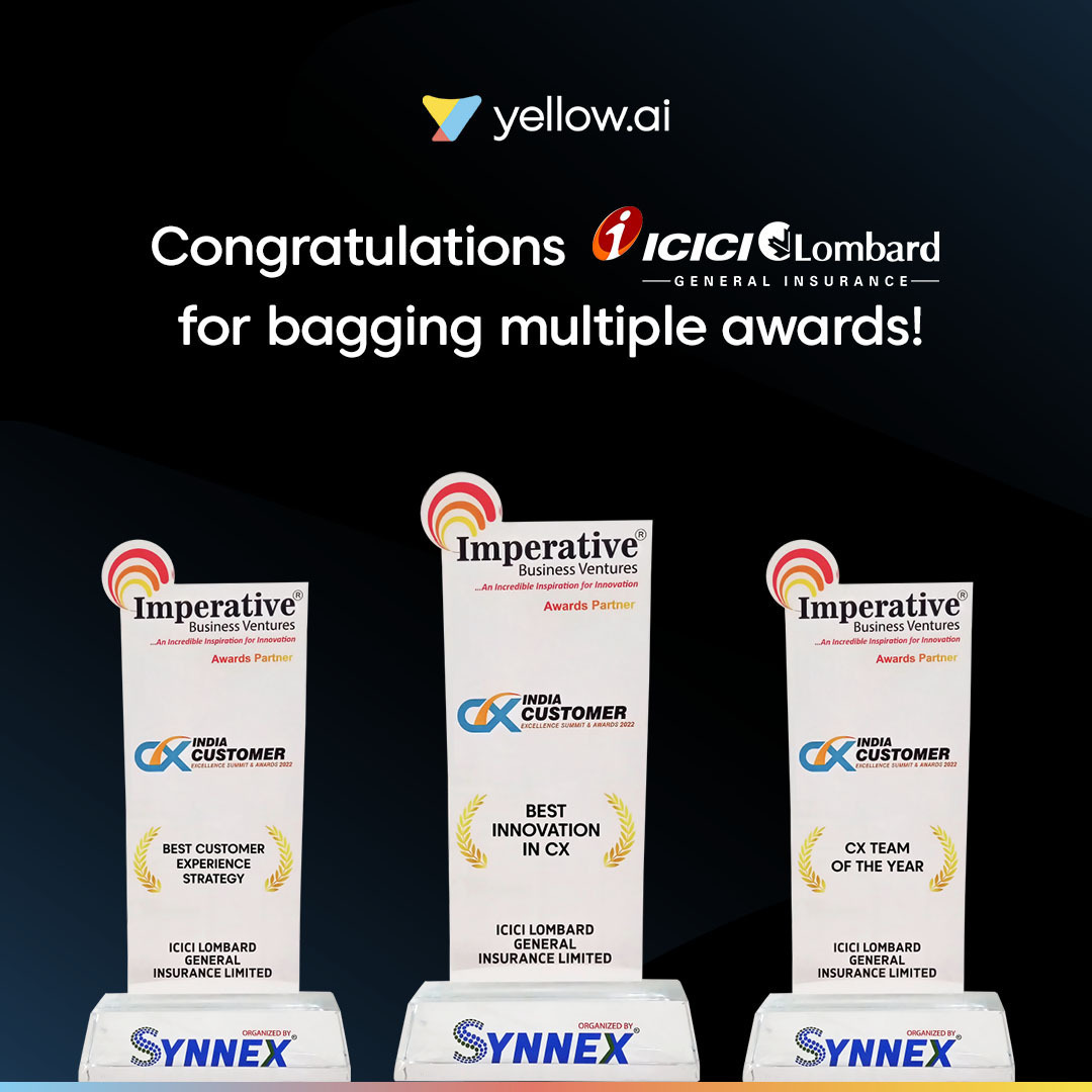 yellowdotai's tweet photo. #SuccessWithYellow We’re delighted to announce that our ‘Ask RIA’ chatbot developed for @ICICILombard has been instrumental in helping the team bag the 🏆‘Best Innovation In CX’ award along with other key awards:
🏆Best Customer Experience Strategy
🏆CX Team Of The Year
Kudos! https://t.co/yWj0OA7oHr