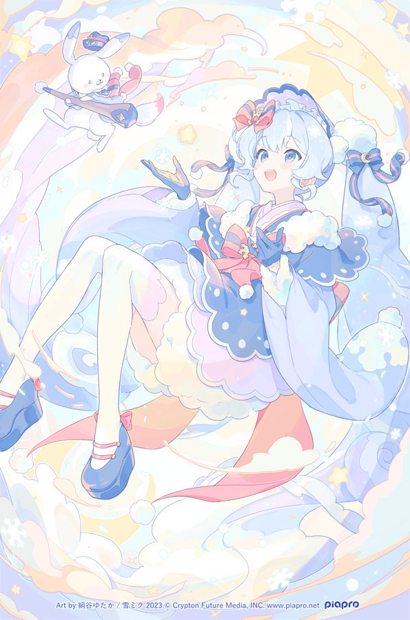 hatsune miku ,rabbit yukine ,yuki miku 1girl blue gloves gloves rabbit thighhighs kimono open mouth  illustration images