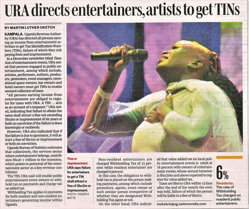 URAuganda's tweet photo. 𝗥𝗲𝗺𝗶𝗻𝗱𝗲𝗿 𝗧𝘄𝗲𝗲𝘁 to all Event Promoters, Musicians, DJs, VJs and others who earn income from the Entertainment Sector.

𝗔𝗻𝗼𝘁𝗵𝗲𝗿 𝗥𝗲𝗺𝗶𝗻𝗱𝗲𝗿: Failure to comply shall attract a fine and imprisonment.

#TaxFraudAlertUG | #URATickTock https://t.co/0P7Rt5mJAW