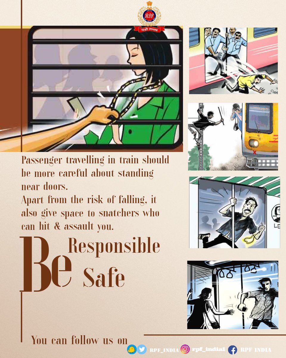RPF_INDIA's tweet photo. Beware !
Don't let snatchers ruin your journey.
#BeResponsible #BeSafe
#SafetyStartsWithYou #SafetyFirst 
#TravelSafe #Dial139 https://t.co/H7L209m2qp