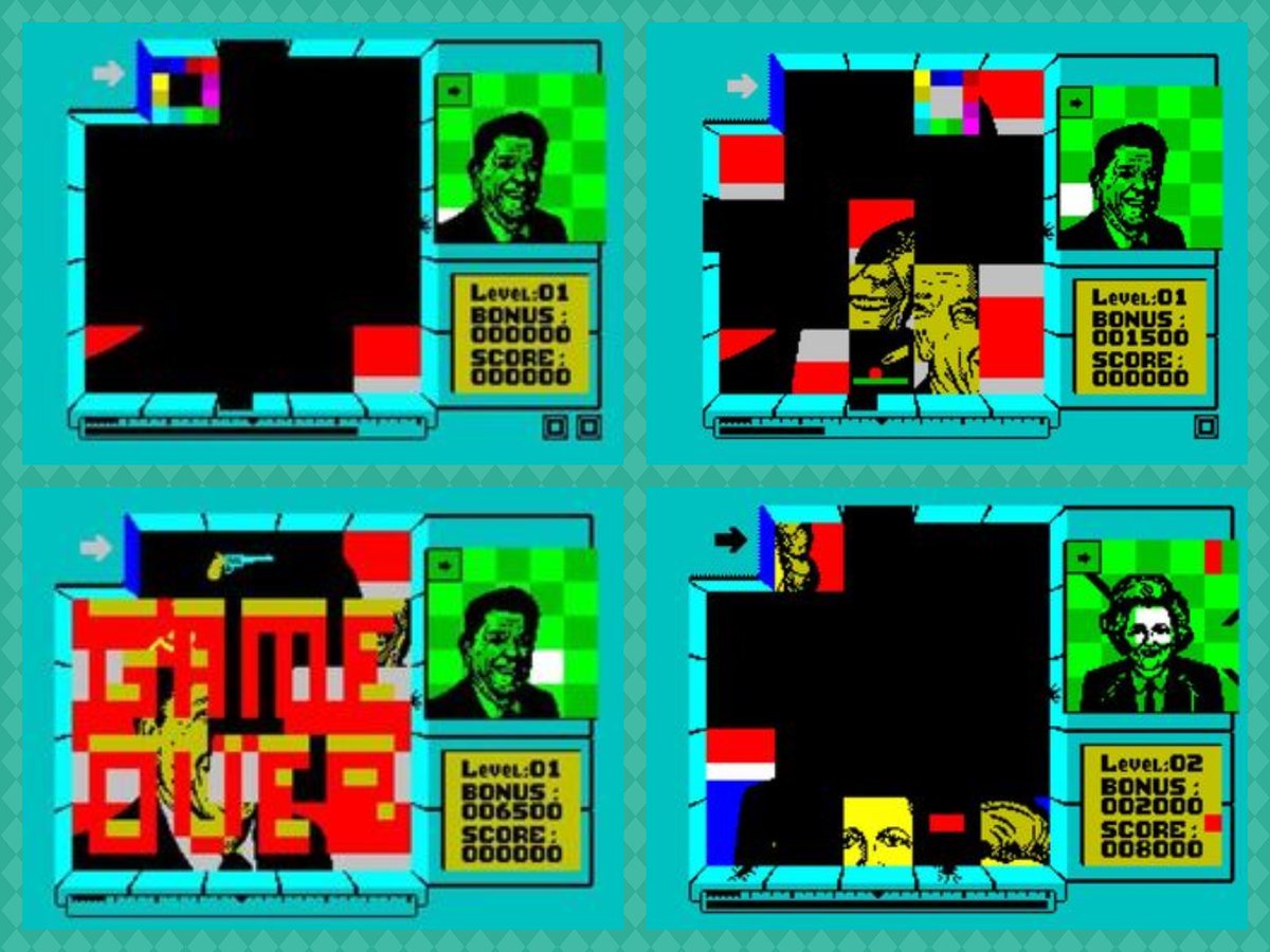 OldSchoolBooks1's tweet photo. Today's #retrogaming on the #ZXSpectrum #SplitPersonalities, it's a slide-the-tile game, just like that thing you got in your Christmas Cracker, but this one has famous people, even Sir Clive Sinclair gets a screen, plus secret objects to match as well. https://t.co/qgBVrhjL3h