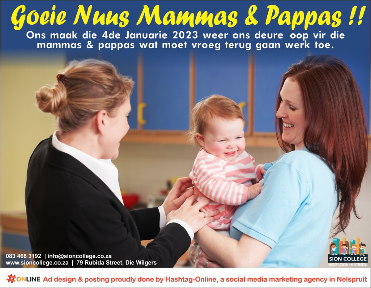 CollegeSion's tweet photo. Sion College bied ‘n spesiale vergunning aan ouers wat nou reeds inskryf vir 2023!
Website: https://t.co/0ZHbS52fgs 

#sioncollege #childcare #daycare #children #kids #earlychildhoodeducation #education #kindergarten #earlylearning #toddler #childcareprovider #meals #naptimes https://t.co/EkoZiinML0