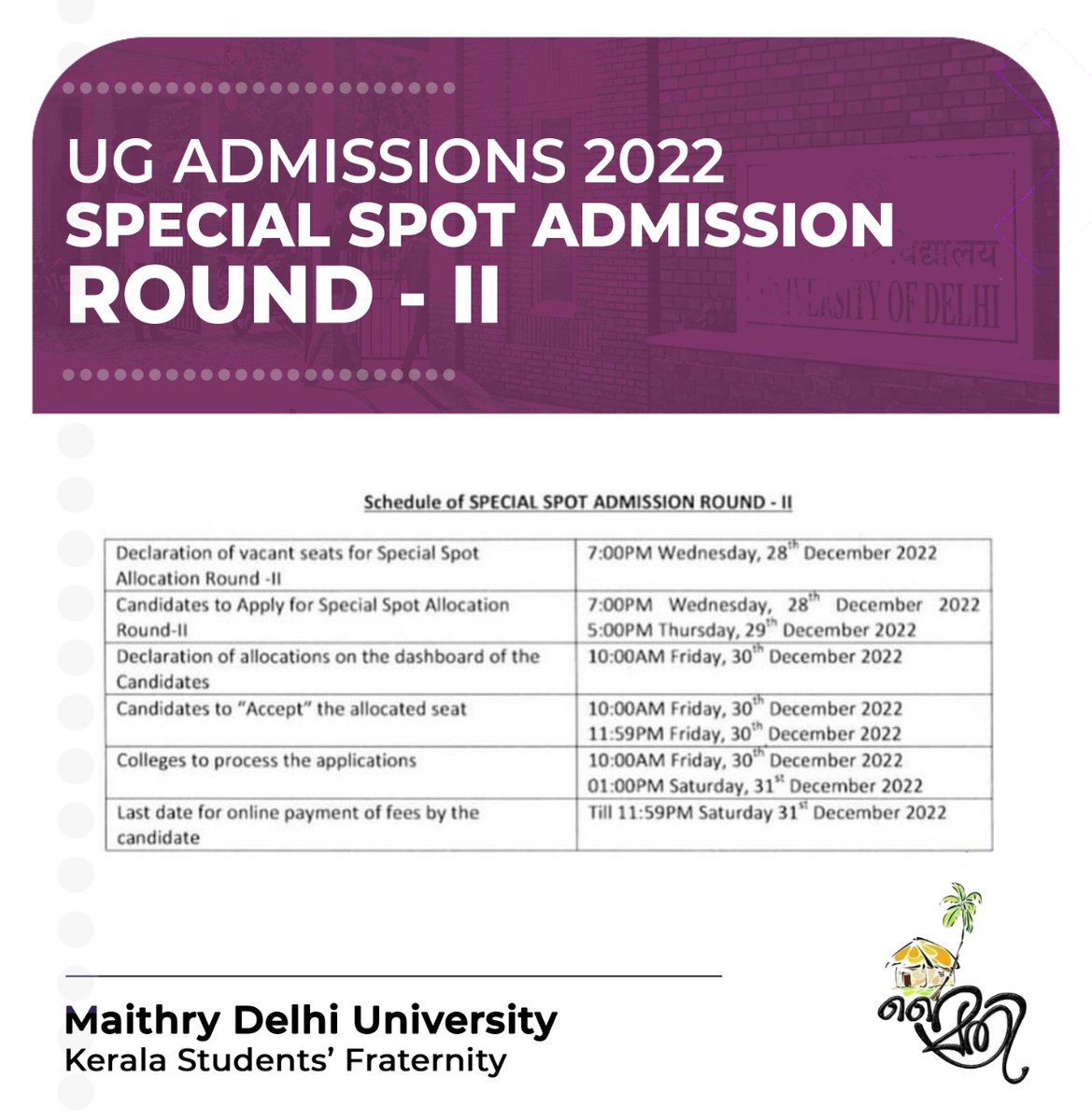 maithry_du's tweet photo. DELHI UNIVERSITY
UG ADMISSIONS 2022 - SPECIAL SPOT ADMISSION ROUND - II
#delhiuniversity #maithry https://t.co/uH4hhRug19
