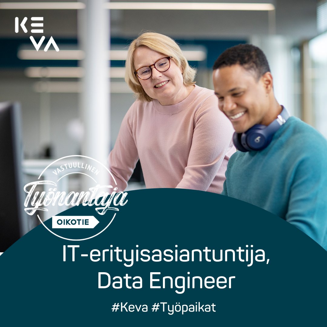 Tule tekemään mukaansatempaavaa ICT-työtä! IT-erityisasiantuntijan Data Engineer -tehtävässä vastaat tiimin jäsenenä Kevan data-alustan kehittämisestä ja ylläpitämisestä.

Katso lisätiedot ja hae tehtävään viimeistään 10.1.
📲 keva.fi/uutiset-ja-art…

#työpaikat #ICT