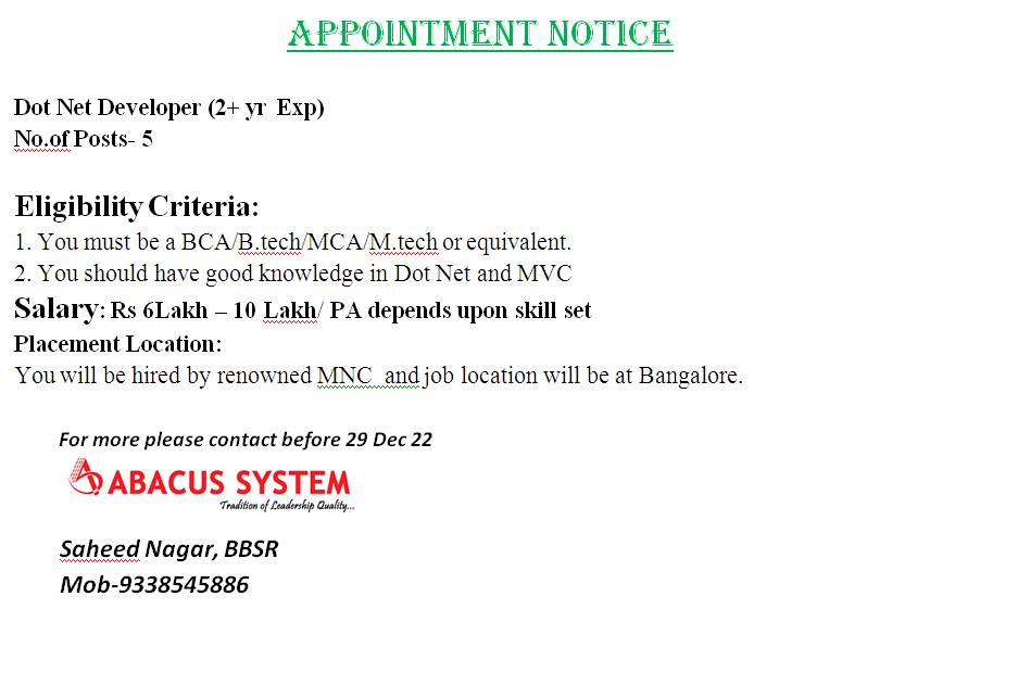 abacus_system's tweet image. What are you waiting for???
For More information Contact on : +91 93385 45886
#jobopportunity #MVC #MVCdeveloper #DotNet #dotnetdeveloper #experienced #MNC #mncgroup
#AbacusSystem