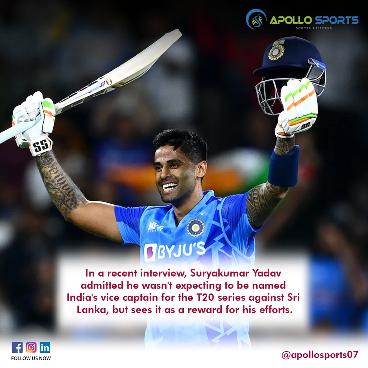 Apollosports07's tweet photo. Congratulations Surya Kumar Yadav on becoming Vice-captain for T20 series against Sri Lanka.
We wish you all the very best in these new responsibilities!
.
.
.
#suryakumaryadav #indianvicecaptain #t20 #srilanka #icc #bcci #apollo11 #apollosports #apollosports07 #asports #cricket https://t.co/ogIqub2dlj