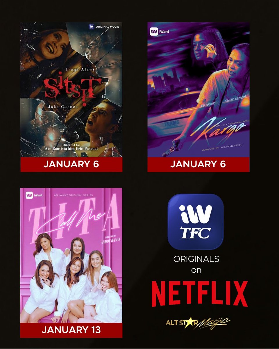 AltStarMagic's tweet photo. LOOK: Tatlong original contents ng IWantTFC, mapapanuod na sa giant streaming platform na Netflix ngayong Enero!
#Sitsit (January 6)
#Kargo (January 6)
#CallMeTita (January 13)
Mas maraming content sa iba't ibang platforms ❤️💚💙
@ABSCBN | @iwanttfc | @Netflix_PH https://t.co/8rgD3gfVTU