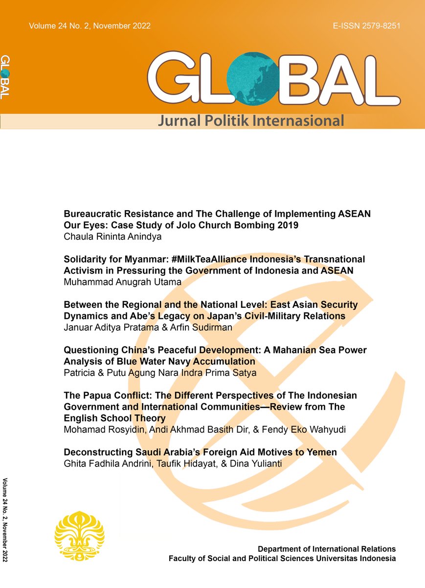 Jurnal_Global's tweet photo. We are excited to announce the publication of our latest issue, Global: Jurnal Politik International, Vol.24, no. 2, November 2022!

We are also glad that we are now fully operated in our new website. Kindly have a visit to:
https://t.co/SXIyR4qrs8 https://t.co/9Wz2Uec8Vo