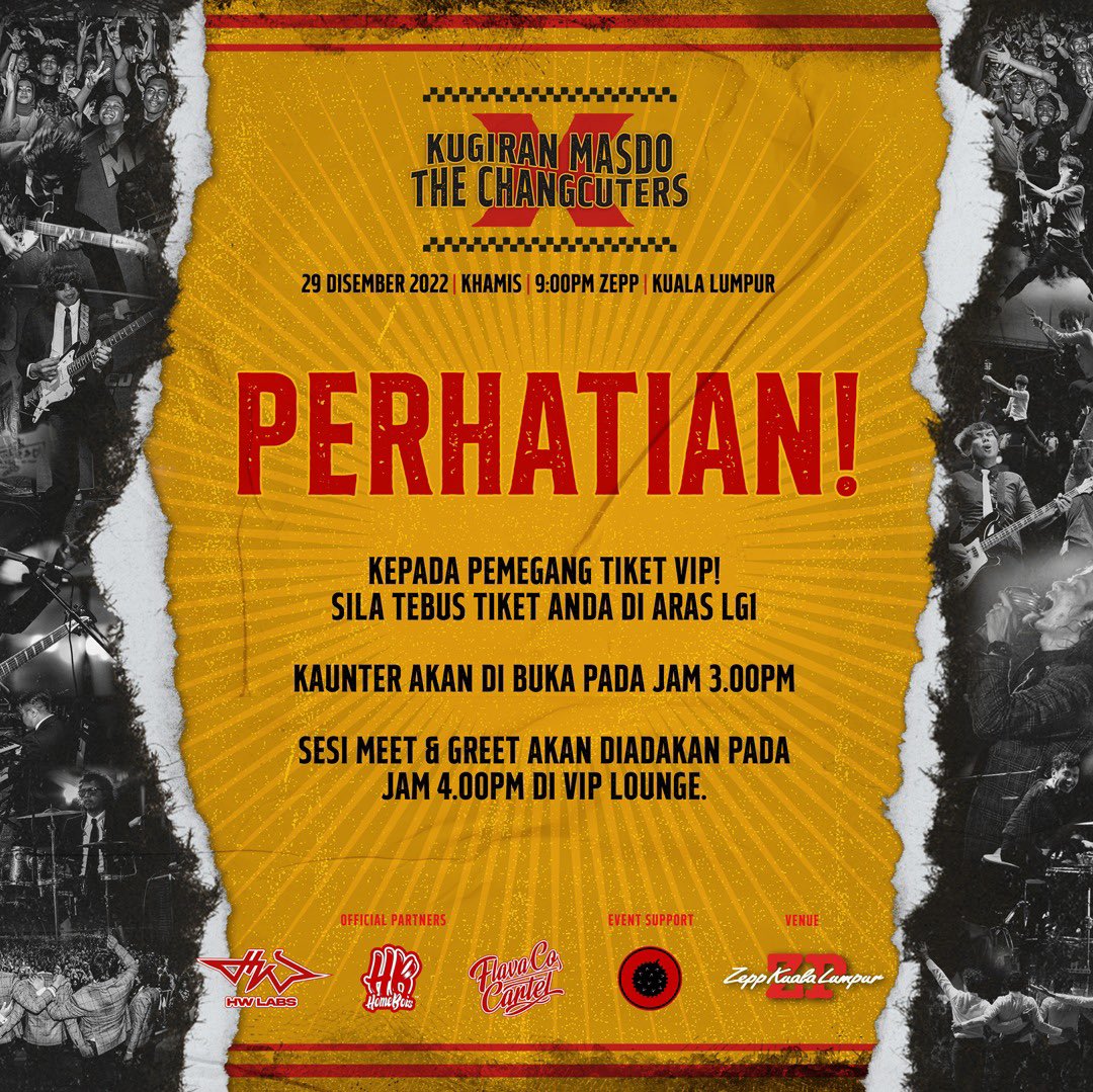 PERHATIAN!

Kepada pemegang tiket VIP!
sila tebus tiket anda di aras LG1

Kaunter akan di buka pada jam 3.00PM

Sesi Meet &amp; Greet akan diadakan pada jam 4.00pm di VIP Lounge.

Terima Kasih 

#KugiranMasdoxTheChangcuters
