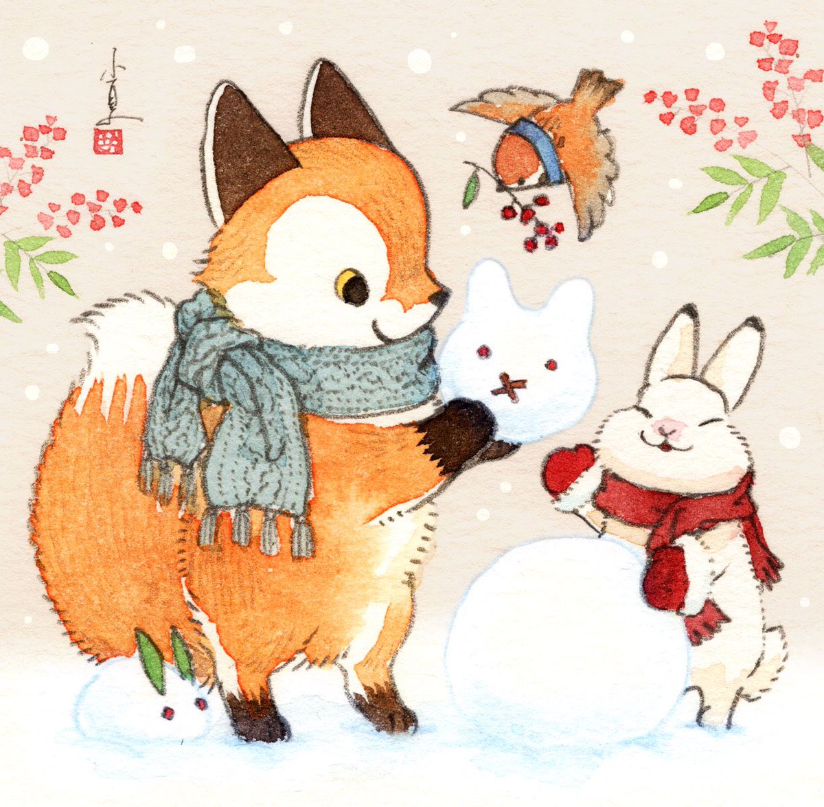 scarf no humans rabbit snowman blue scarf bird fox  illustration images