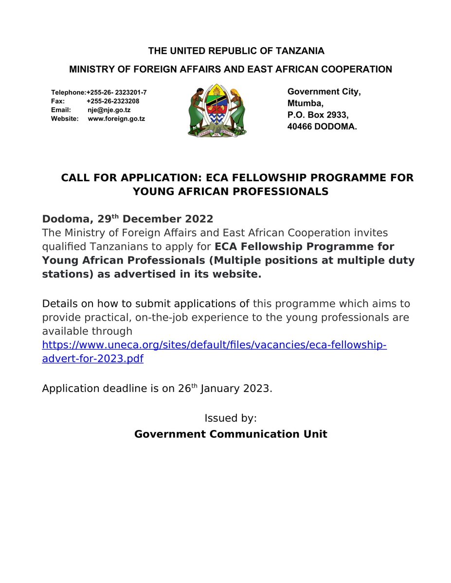 CALL FOR APPLICATION: ECA FELLOWSHIP PROGRAMME FOR YOUNG AFRICAN PROFESSIONALS