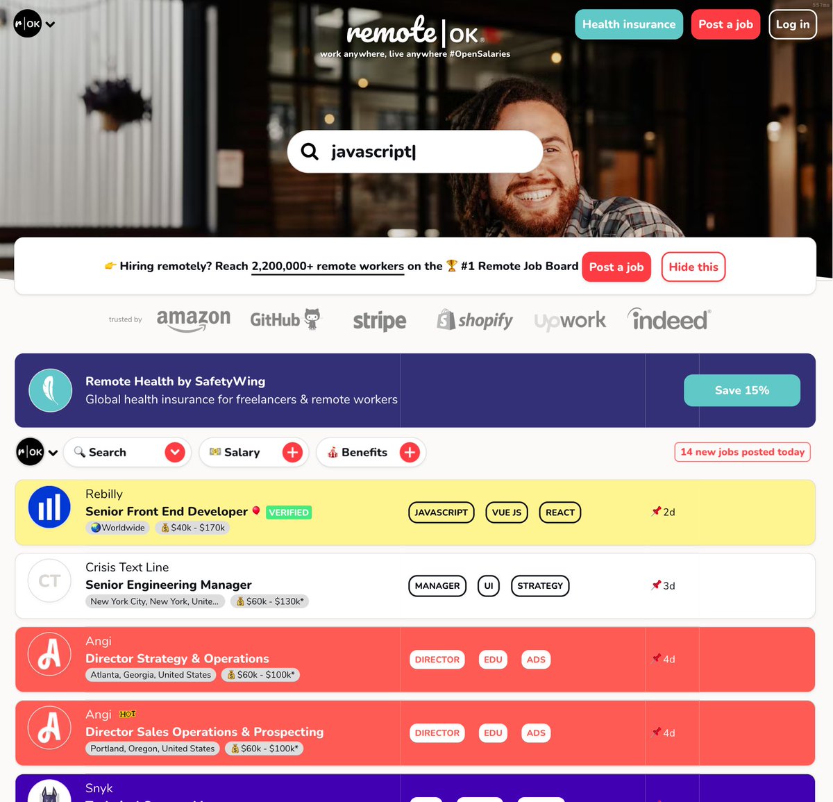 Remote work tech job platform - Remote OK