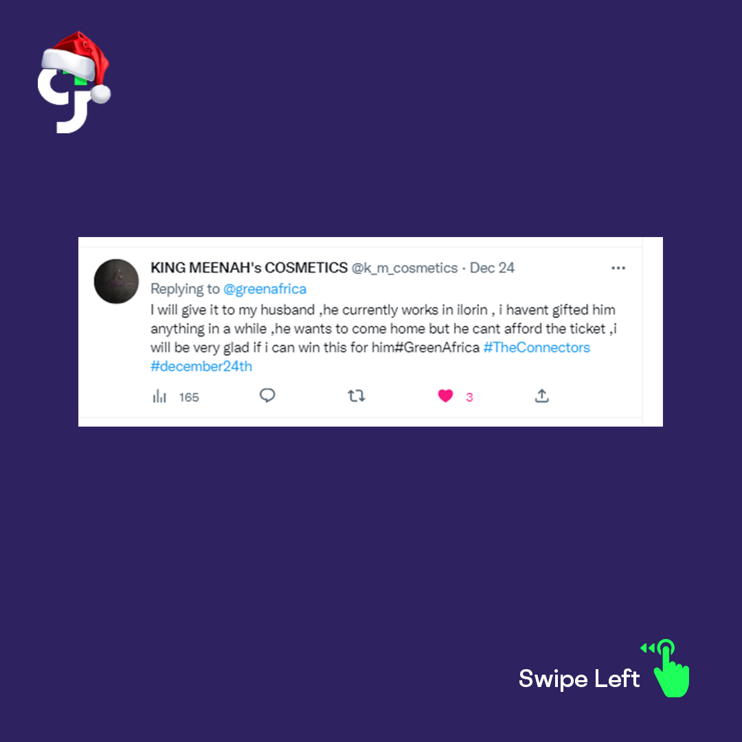 greenafrica's tweet photo. *Drum Rolls*🥁
Thanks to everyone who nominated their spouses, friends, parents and siblings.
Please send us a DM. A gCare Specialist is on standby to attend to you.
#GreenAfrica, #TheConnectors, and #gTrivia. https://t.co/GCoPgSHnsU