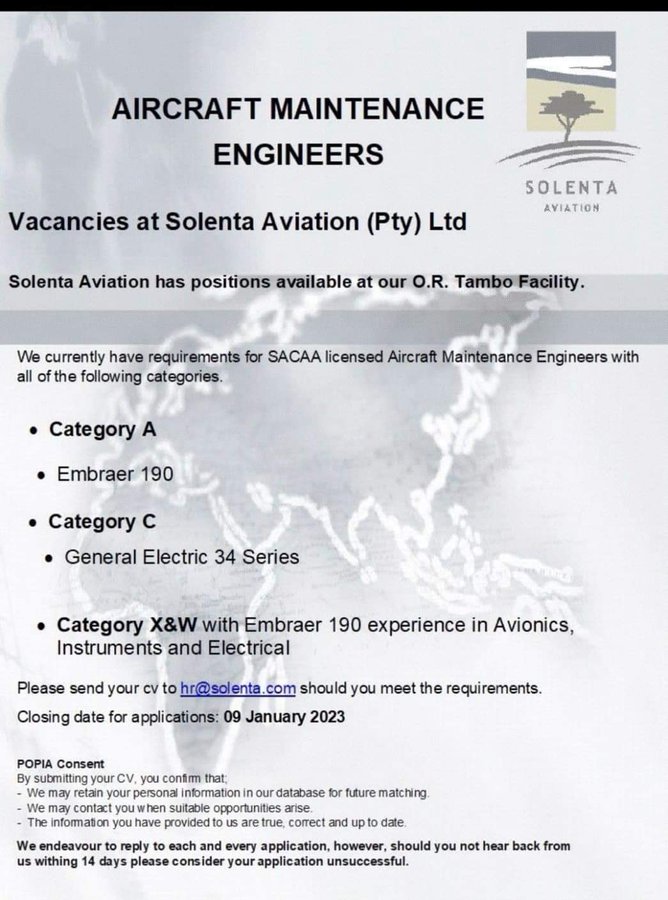 Aircraft Maintenance Engineers Closing 9 January 2023 #JobSeekersSA