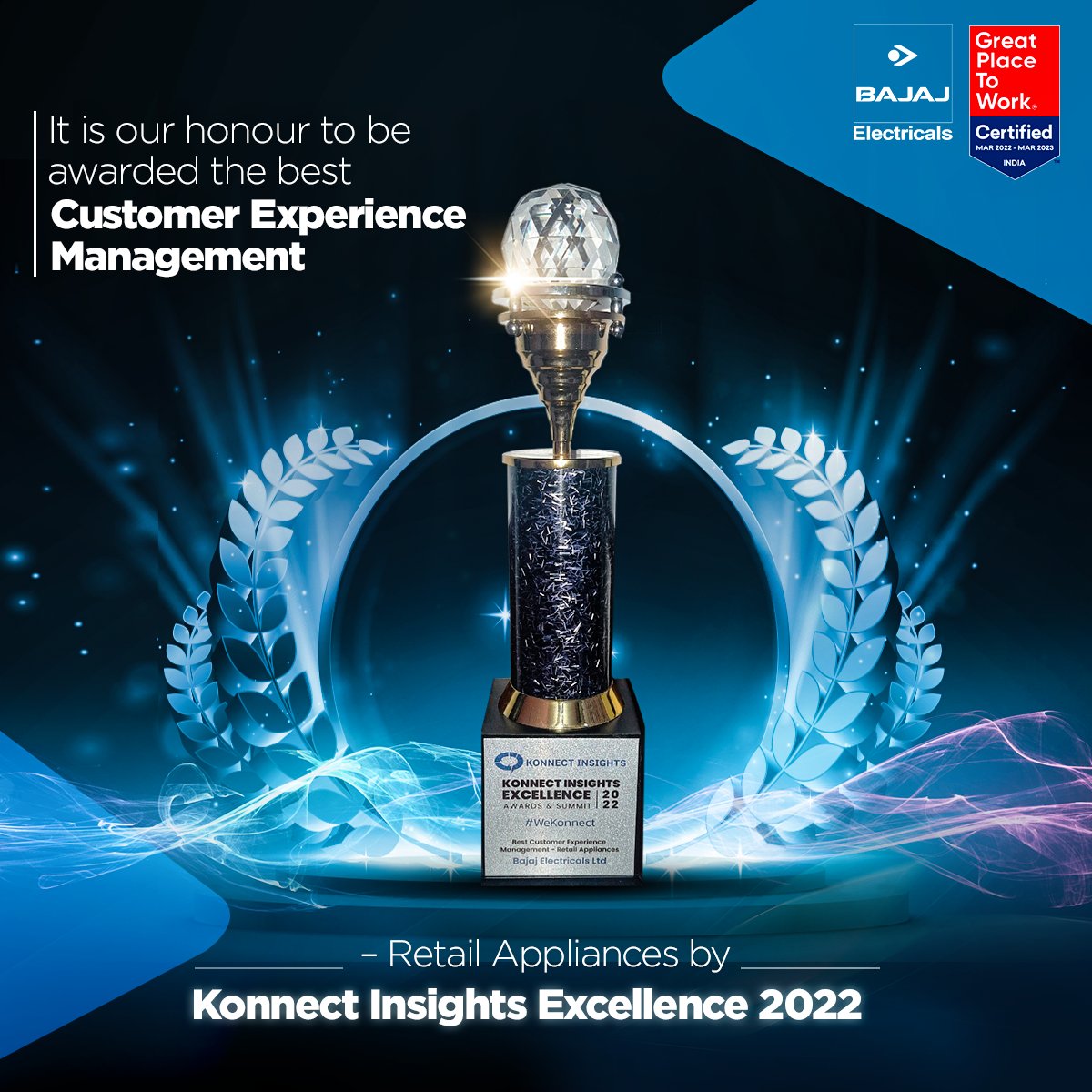 BajajElecBiz's tweet photo. We’re proud to have won the Best Customer Experience Management award in the Retail Appliances category at #WeKonnect - Konnect Insights Excellence Awards 2022. Kudos to our ORM and Social Media Listening teams for making this happen.
#Bajaj #BajajElectricals #BajajElecBiz https://t.co/vOWq3KqOSH