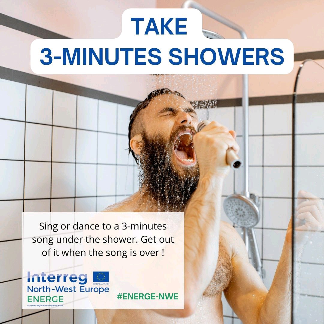 Taking shorter #showers is a very easy way of saving energy at home.

A shower uses 12 L of #water per minute. Save a few litres by stopping the water while you're soaping and shampooing! And by getting out of the shower when the 3 minutes song is over 😉
#energy #tips #EnergeNWE