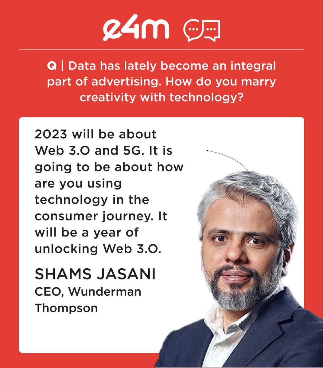 Come 2023 and <a href="/shamsjasani/">shams jasani</a>'s efforts of marrying creativity with technology will be more and more visible in campaigns that <a href="/WunThompson/">Wunderman Thompson</a> Thompson is set to deliver.

Read the #ExclusiveInterview here: shorturl.at/AGQU4

#ExclusiveInterview #Marketing #Advertising #e4m