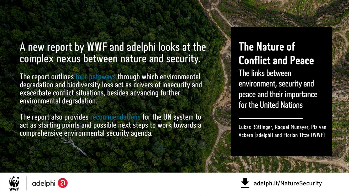 ClimateDiplo's tweet photo. 🥇 In 2022, @WWF & @adelphi_berlin launched a flagship report on the #NatureSecurity nexus.
It outlines 4 pathways linking environmental degradation to insecurity and makes concrete recommendations towards a comprehensive environmental security agenda.
🌳https://t.co/UfK0nYeE4e https://t.co/PVlKTD0ypr