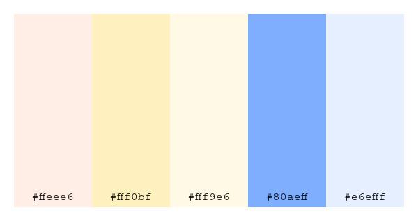 ColPaletteBot's tweet photo. Beep beep, here's a pretty color palette for you!
color-scheme.js parameters used:
- hue: 234
- variation: light
- colors: #ffeee6, #fff0bf, #fff9e6, #80aeff, #e6efff
Have a lovely day!
#twitterbot #colorpalette #colors #palette #prettycolors https://t.co/QzqnjPSPHW