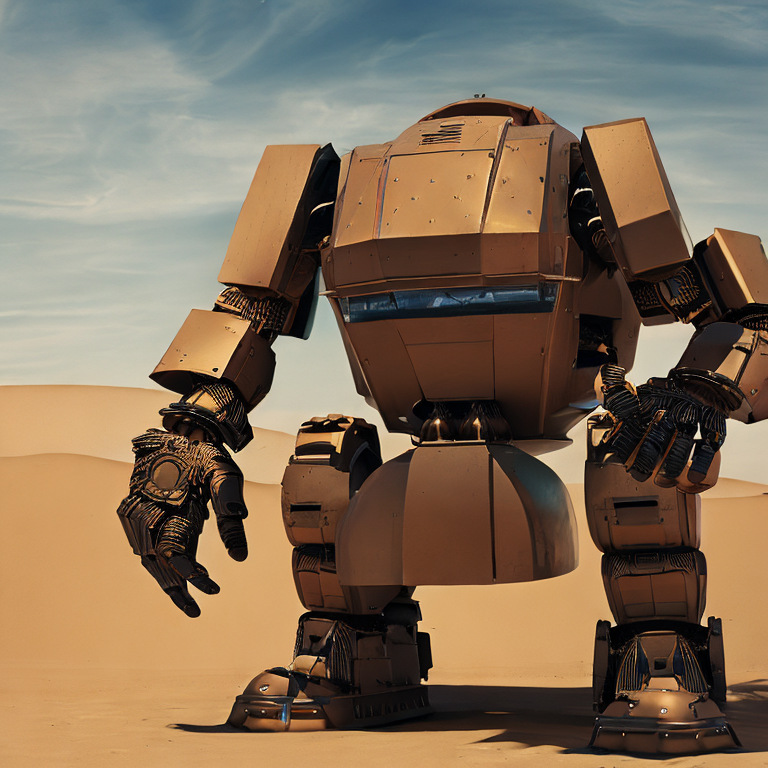 CREAIT_OFFICIAL's tweet photo. A giant robot in the middle of a desert, 3D render, octane render, highly detailed textures and lighting, #robot #desert #3D_render #octane_render #textures #lighting #aiart #aigeneratedart https://t.co/klhBWOCd23