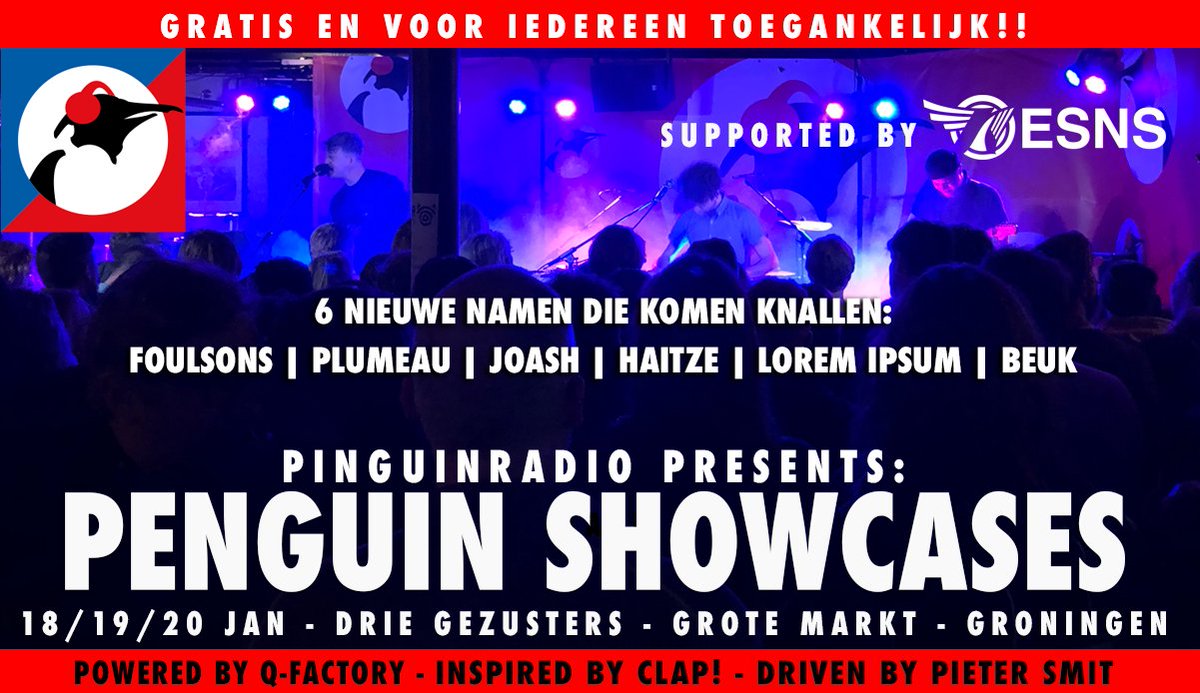 6 nieuwe namen die op Penguin Showcases staan komende januari. 🔥 Vanaf volgende week wordt het volledige blokkenschema bekend gemaakt.

<a href="/FoulSonsMusic/">FoulSons</a> @haitzemusic <a href="/beukband/">BEUK</a>