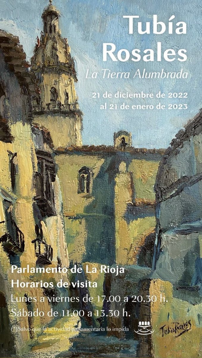 Hasta el 21 de enero se podrá visitar en el claustro del @parlamentoLR la exposición "La Tierra Alumbrada" que reúne 52 obras en diferentes formatos, del gran pintor riojano Tubía Rosales, natural de #Haro como colofón a la celebración del 40 aniversario del Estatuto de Autonomía