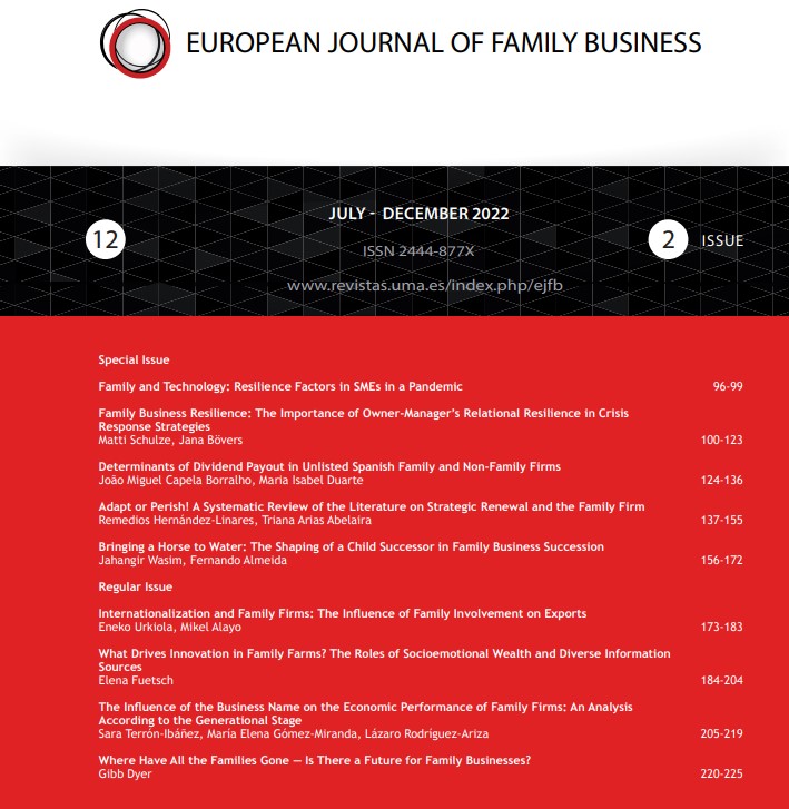 Our new issue "Family and Technology: Resilience Factors in SMEs in a Pandemic" is now out and available at: lnkd.in/dE7jbzWX
This issue is full of interesting research highlighting resilience. Don´t miss out!