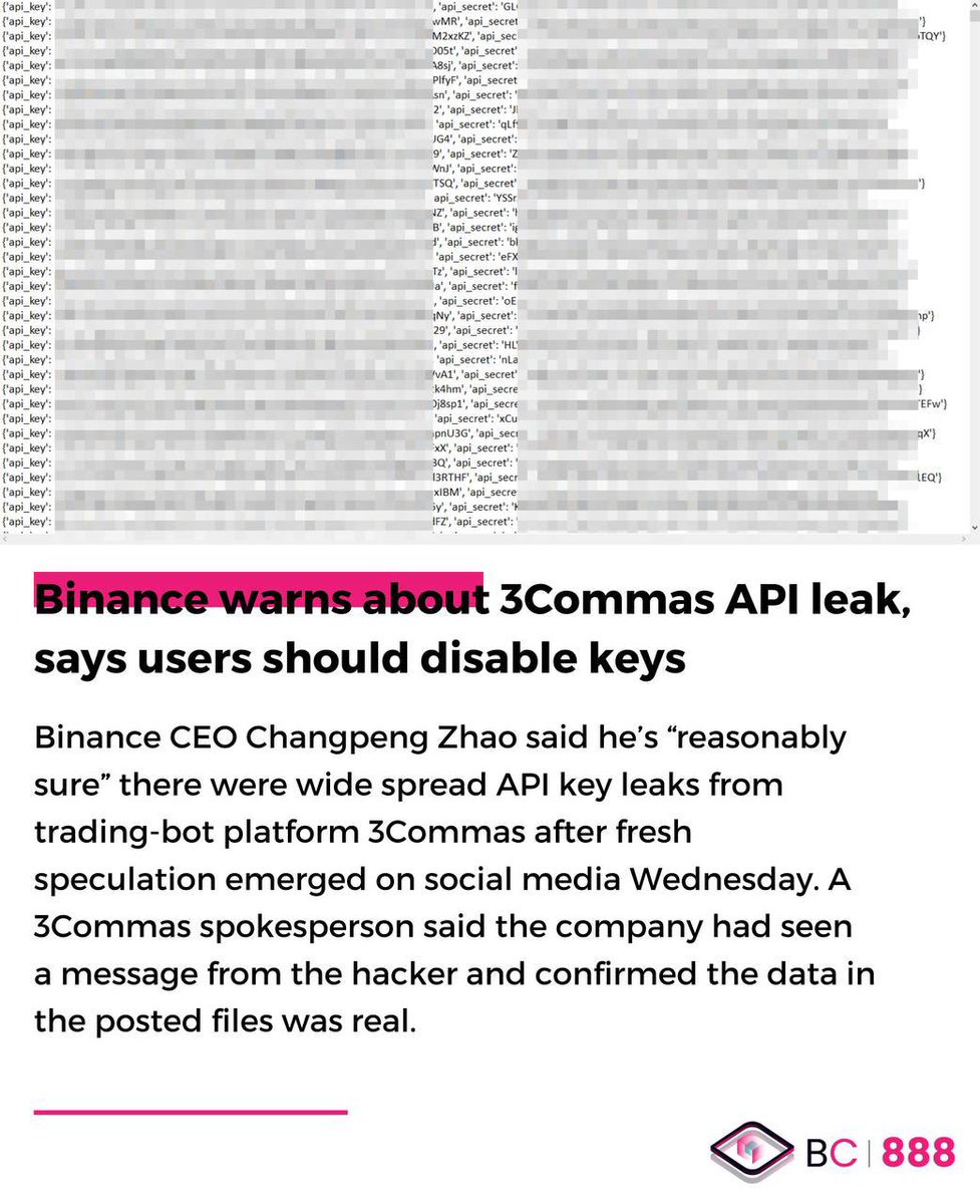 Blockchain888_'s tweet photo. 🚨Binance warns about 3Commas API leak, says users should disable keys
#Crypto #Hack #CZ #Binance https://t.co/nOWPHWSvHw