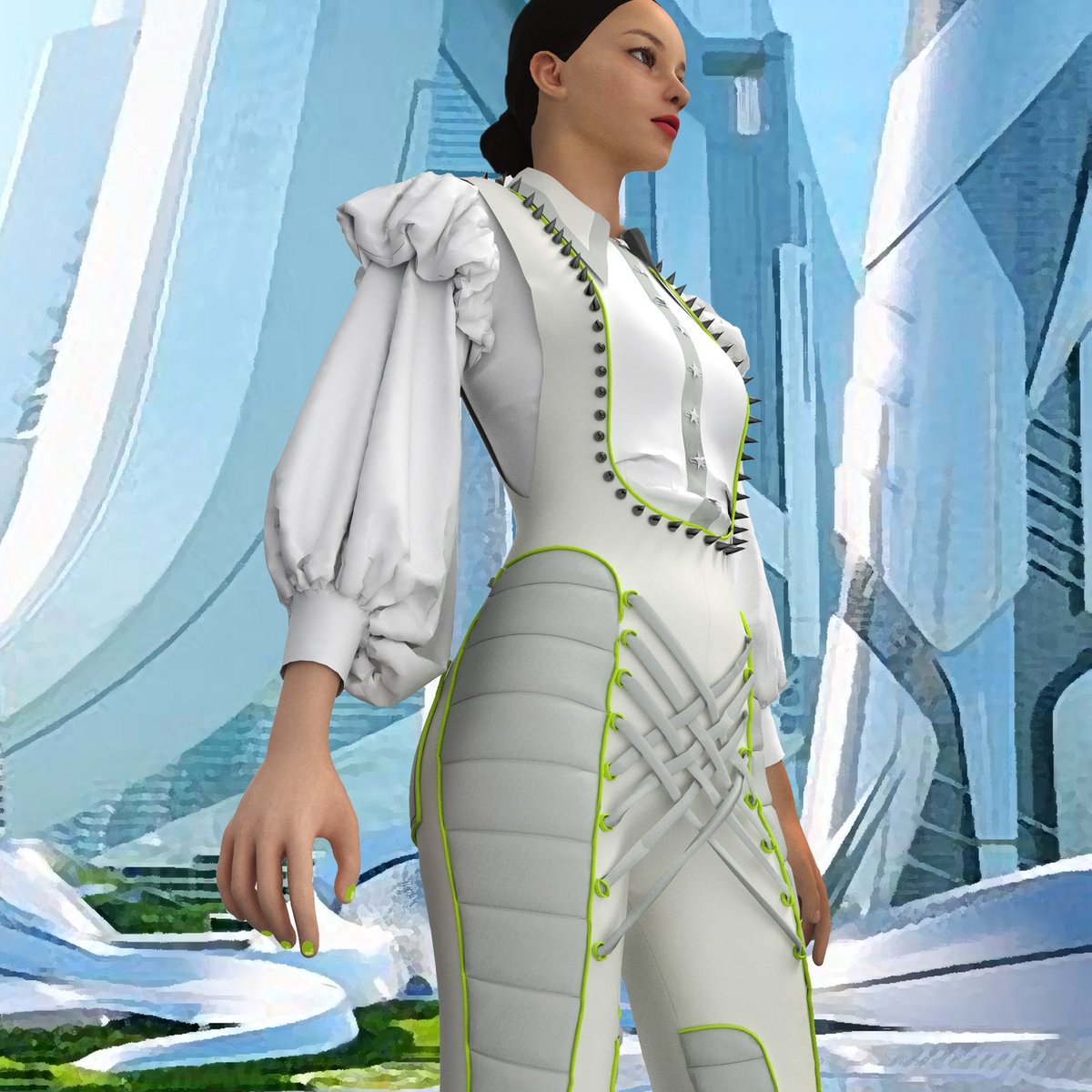 3DCSTUDIOx's tweet photo. Un diseño un poco mas raro!! Como vestiremos en el futuro? 
Diseñado en #clo3d
Camisa corsario con mono cibernético adornado con cordones y tachuelas.
#clo3dfashiondesign #3D #3dworld #3dartist #3dfashion #3dmoda #3ddesign #3dmodeling #metaverse #metaverso #Marvellousdesign https://t.co/UYXbyIKPsp