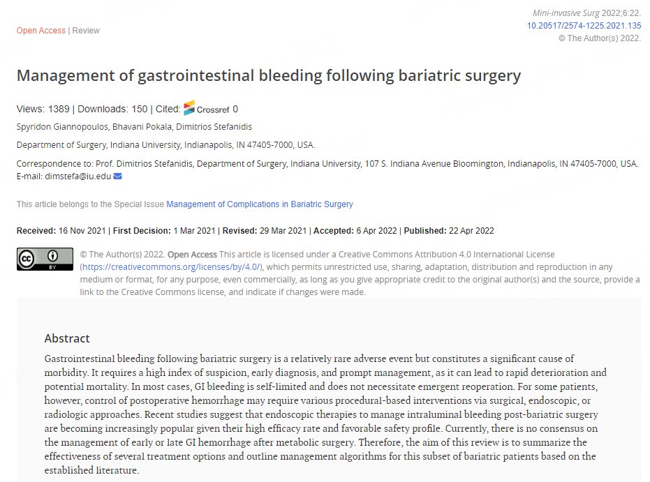 😍Popular article: Management of gastrointestinal bleeding following bariatric surgery 🥳Link: misjournal.net/article/view/4… @ASMBS @JaimePonceMD @IfsoSecretariat