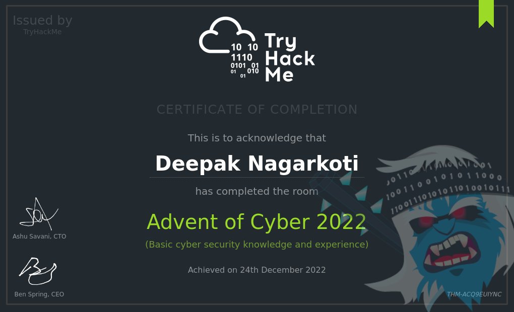 NDeepak_'s tweet image. Completed Advent of Cyber 2022 by 
@RealTryHackMe
 in this Christmas
#AdventofCyber #adventofcyber2022 #adventofcyber4
#tryhackme #hacking #cybersecurity  …rtificates.s3-eu-west-1.amazonaws.com/THM-ACQ9EUIYNC…