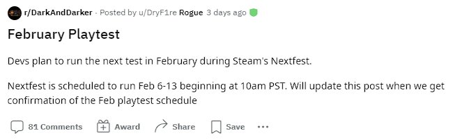 DarkAndDarkerES's tweet photo. No está confirmado del todo, pero podría estar el siguiente playtest entre el 6 y el 13 de Febrero.

#darkanddarker https://t.co/b14meXTj3O