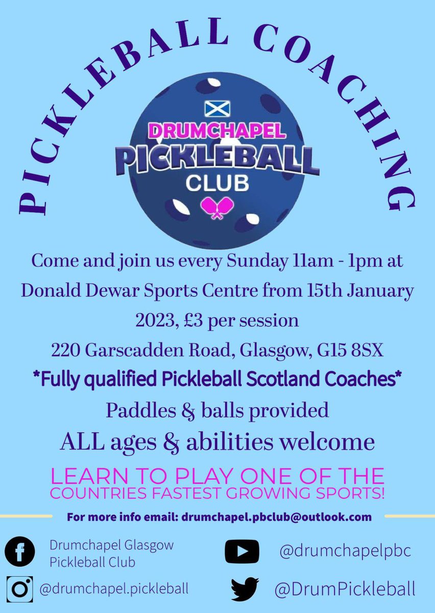 Do you fancy trying something different in the new year? We have pickleball coaching every Sunday 11:00-13:00 starting from 15th January 2023 in the Donald Dewar Leisure Centre lead by <a href="/PickleballScot1/">Pickleball Scotland</a> qualified coaches. Everyone welcome!