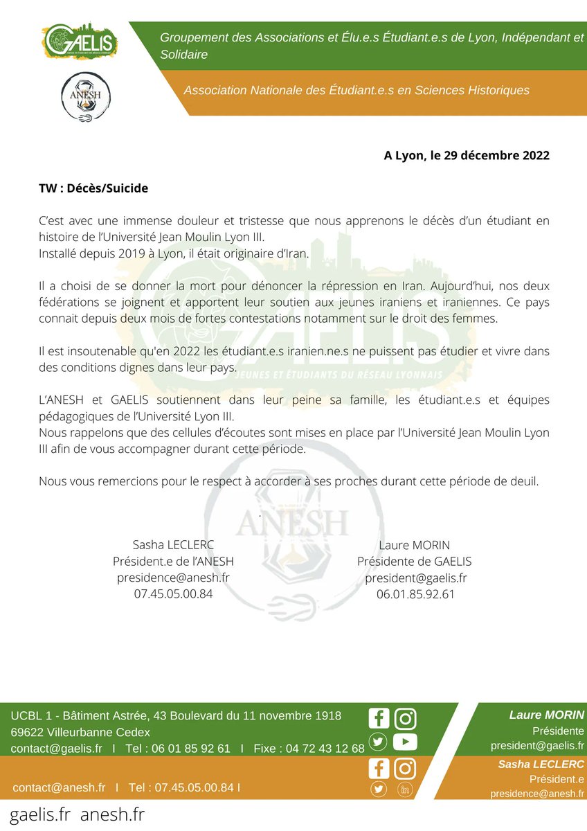 🔴TW : Décès/Suicide🔴

#CDP | Décès d'un #étudiant en histoire de l'Université Lyon III.
<a href="/FederationANESH/">ANESH</a> et <a href="/GAELIS_Lyon/">GAELIS Lyon</a> apportent leur soutien à sa famille, aux étudiant.e.s et aux équipes pédagogiques.