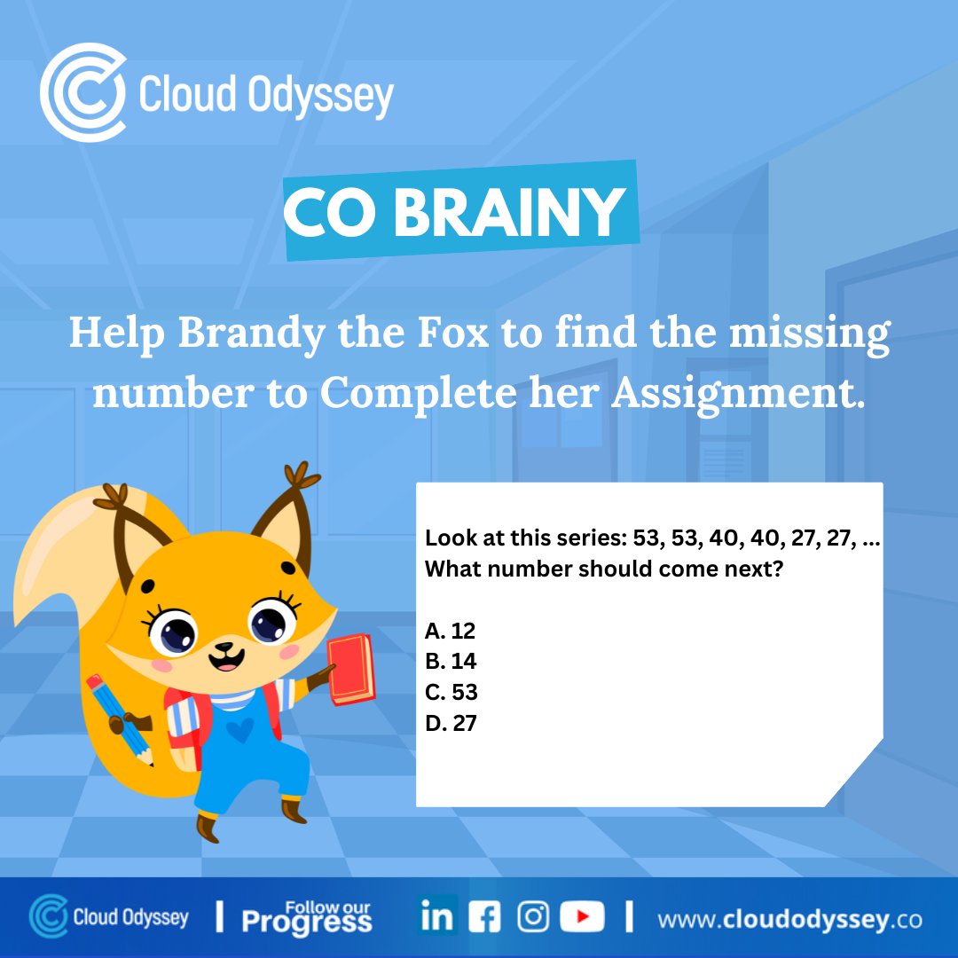 CloudOdyssey_'s tweet photo. Help Brandy the Fox to find the missing number.

Comment with the correct answer to participate.
#CloudOdyssey #Salesforce #missingnumber #quizoftheday #quiz #comment #Mulesoft https://t.co/wXAcvb6Nlp