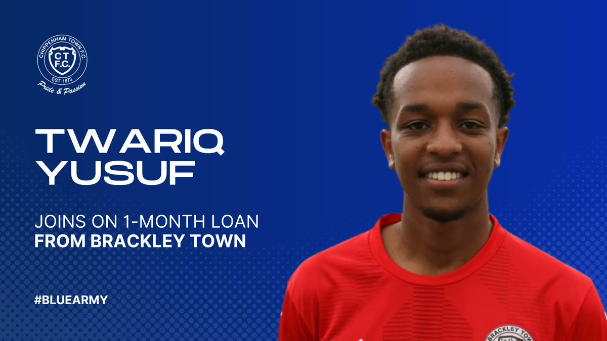 🤝 𝐃𝐎𝐍𝐄 𝐃𝐄𝐀𝐋!
 
We are delighted to announce the loan signing of 𝗧𝘄𝗮𝗿𝗶𝗾 𝗬𝘂𝘀𝘂𝗳, who joins the club on a month's loan from <a href="/BrackleyTownFC/">Brackley Town FC</a>. 

It is expected that Twariq will be in the squad for today's visit to Braintree.

#BlueArmy 💙