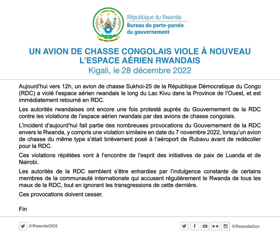 CyizaLiza's tweet photo. 🧵*Wed 28th 2022.
CONGOLESE FIGHTER JET AGAIN VIOLATES RWANDAN AIRSPACE*.
At around 12:00 today, a DRC Sukhoi-25 fighter jet violated Rwandan airspace along Lake Kivu in the Western Province & immediately returned to the DRC.
Yet Another absurd provocation! #DRCProvocations https://t.co/CVwv4VuuIp