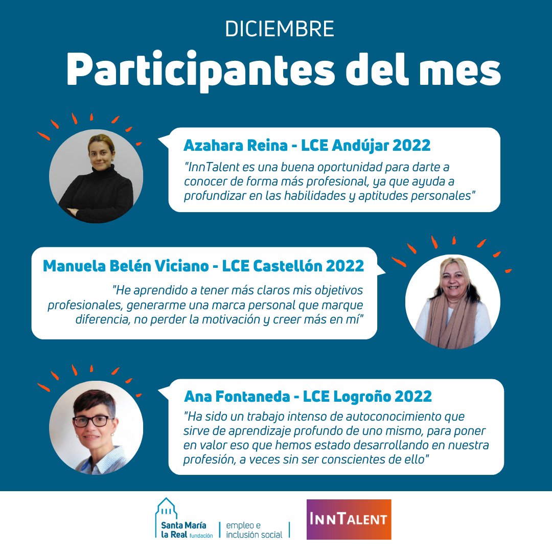 AreaEmpleoFSMLR's tweet photo. 🥇¡#ENHORABUENA a las 𝙥𝙖𝙧𝙩𝙞𝙘𝙞𝙥𝙖𝙣𝙩𝙚𝙨 de #Noviembre de #InnTalent!⭐️¡Descubre sus perfiles!
🙋‍♀️Azahara Reina #LCEAndújar2022➡️https://t.co/suU4ABcfhj
🙋M.Belén Viciano #LCECastellón2022➡️https://t.co/R7jYy2aUMy
🙋Ana Fontaneda #LCELogroño2022➡️https://t.co/252oKlC0ym https://t.co/Xz6QJFXIrk