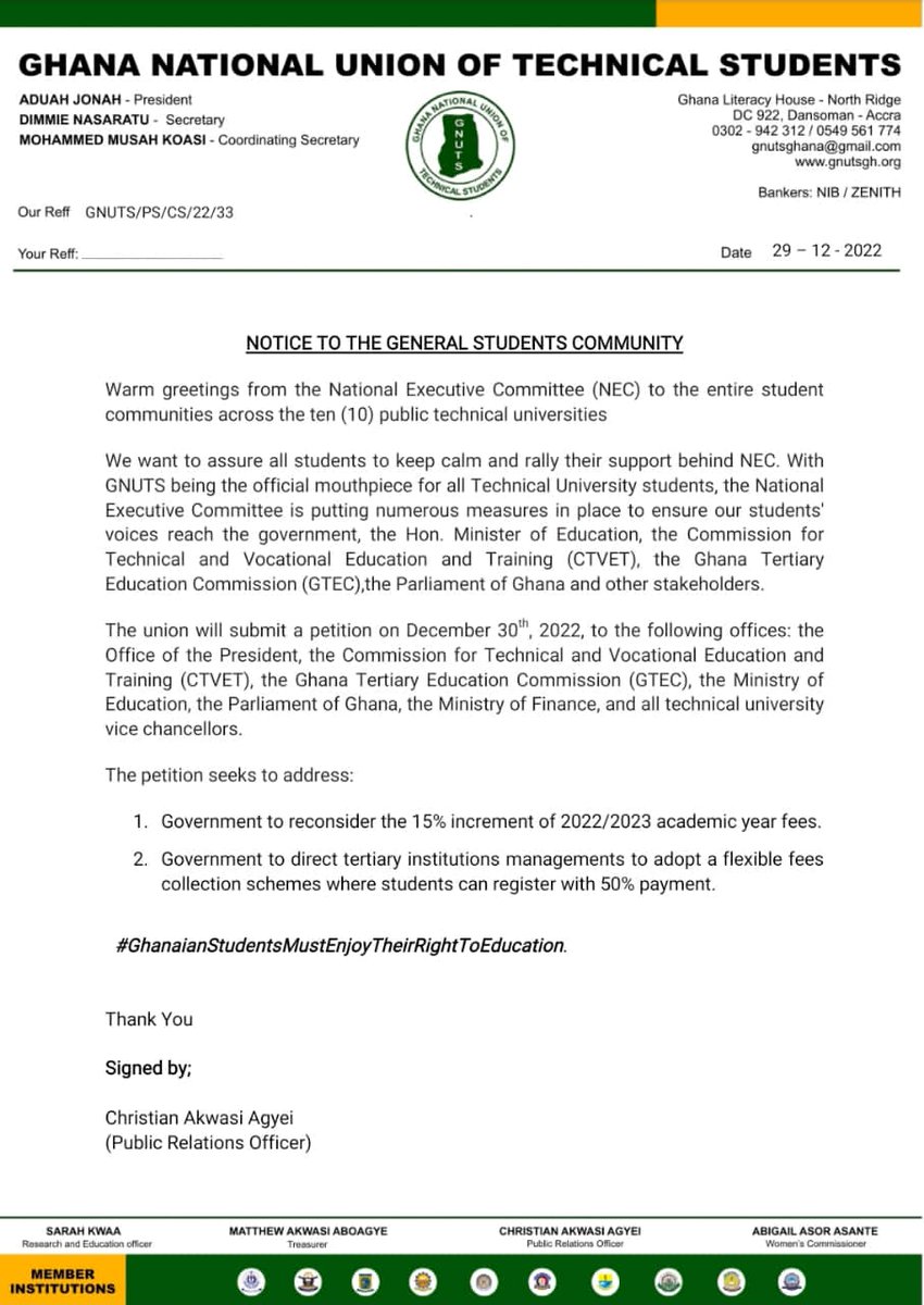 MasoneryO's tweet photo. GNUTS is set to submit a petition on 30th December to the Government and other stakeholders to reconsider the 15% increment in the Academic fees and also to direct Management to accept 50% part payment of the fees to enable students register their courses. https://t.co/n3mwWc1dKx