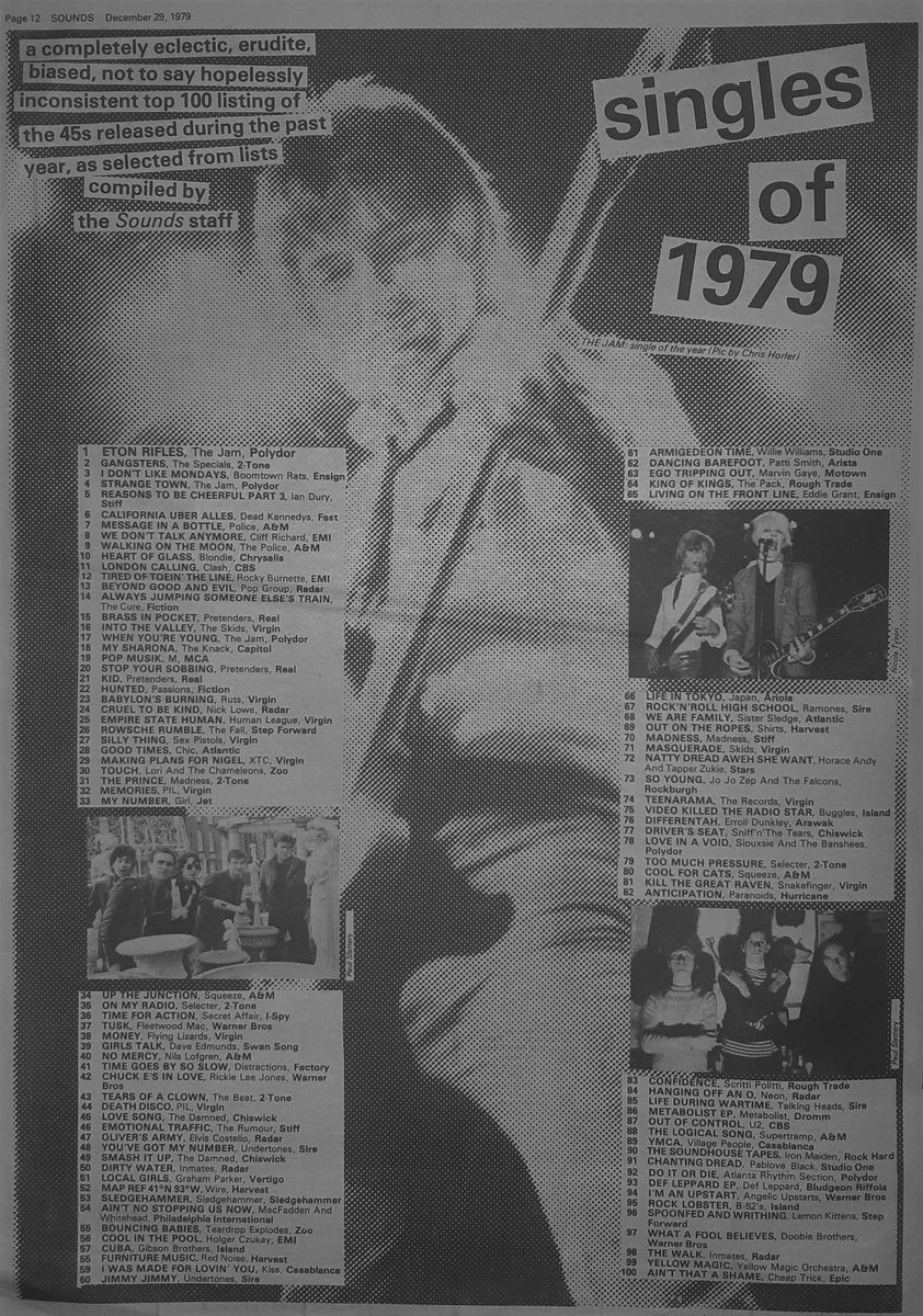SoundsClips's tweet image. Singles of 1979 as voted by Sounds Staff in Sounds 29th, December 1979. Number One 'Eton Rifles' by The Jam. @LongLiveTheJam
