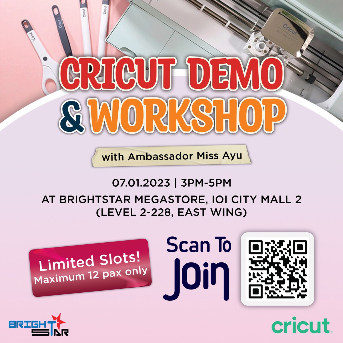 Brightstarcomp's tweet photo. Spend your day with Miss Ayu and Level up your Arts and Craft skills with the Cricut Singapore + Malaysia.

Scan to join or click link to register: https://t.co/jqAbJ5hlXm

#BrightstarComp #Brightstar #bsmegastore #BSC #Cricut #Workshop https://t.co/AlrwdrWGu7
